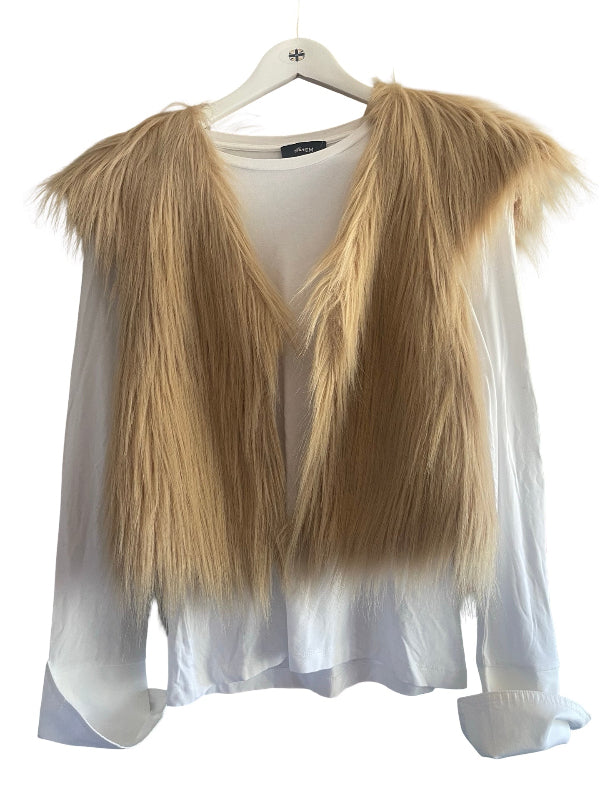 A white long-sleeve blouse with a fluffy faux-fur vest layered over it, hanging on a white hanger against a plain white background.