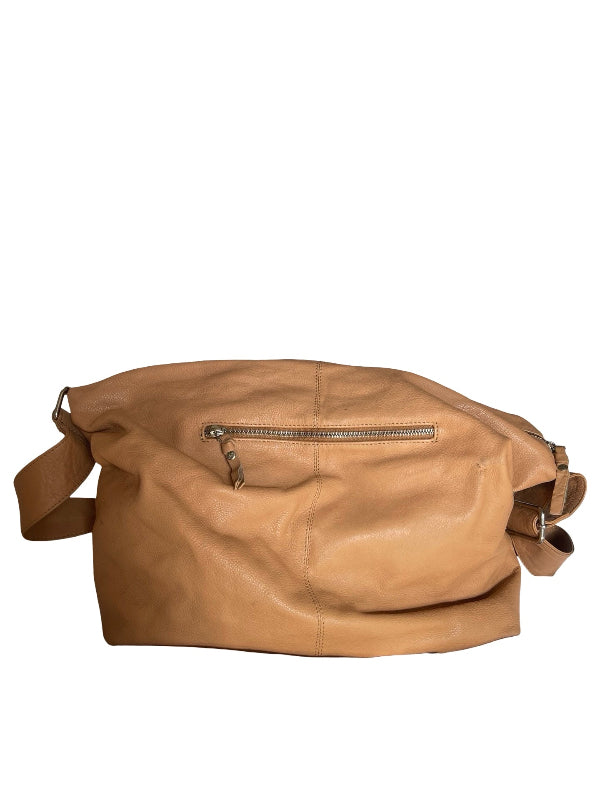 A tan leather shoulder bag with a horizontal zippered pocket on the front, displayed against a plain white background.