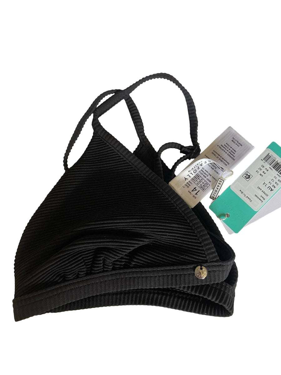 A black ribbed triangle bikini top with thin straps and a small gold button closure, shown with retail tags on a white background.