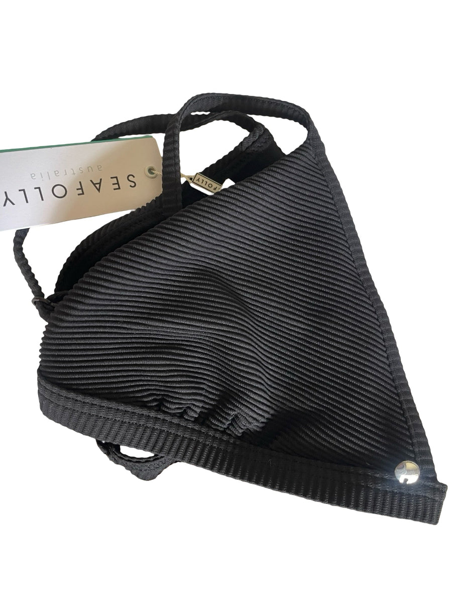 A black ribbed fabric face mask with adjustable ear loops and a small metal snap closure, shown on a white background with a SeaFolly brand tag attached.