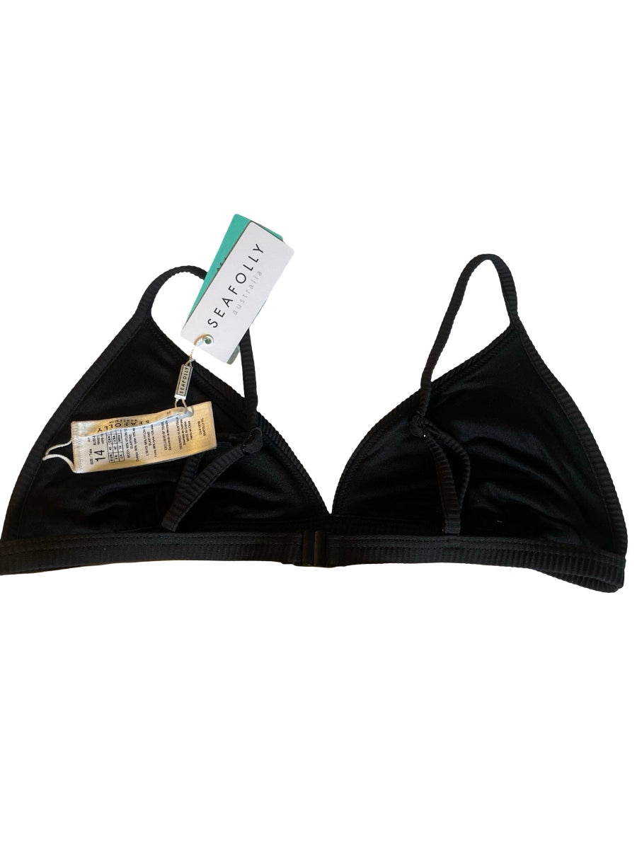 A black triangle bikini top with adjustable shoulder straps and a ribbed underband, shown flat on a white background with retail tags attached. The brand name Seaolly is visible on the tags.