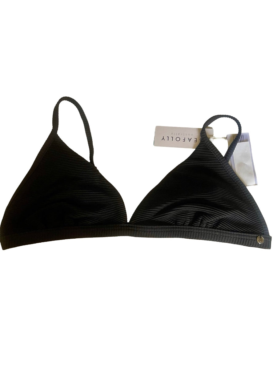 A black ribbed triangle bikini top with thin shoulder straps and a small gold button on the right cup, shown with a paper tag on a plain white background.