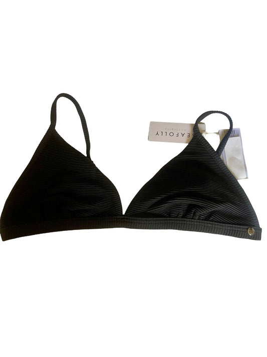 A black ribbed triangle bikini top with thin shoulder straps and a small gold button on the right cup, shown with a paper tag on a plain white background.