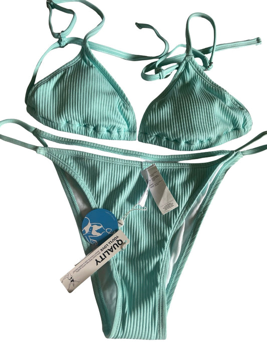 A mint green turquoise ribbed two-piece bikini set with a triangle top and matching string bottoms, shown with retail tags on a white background.