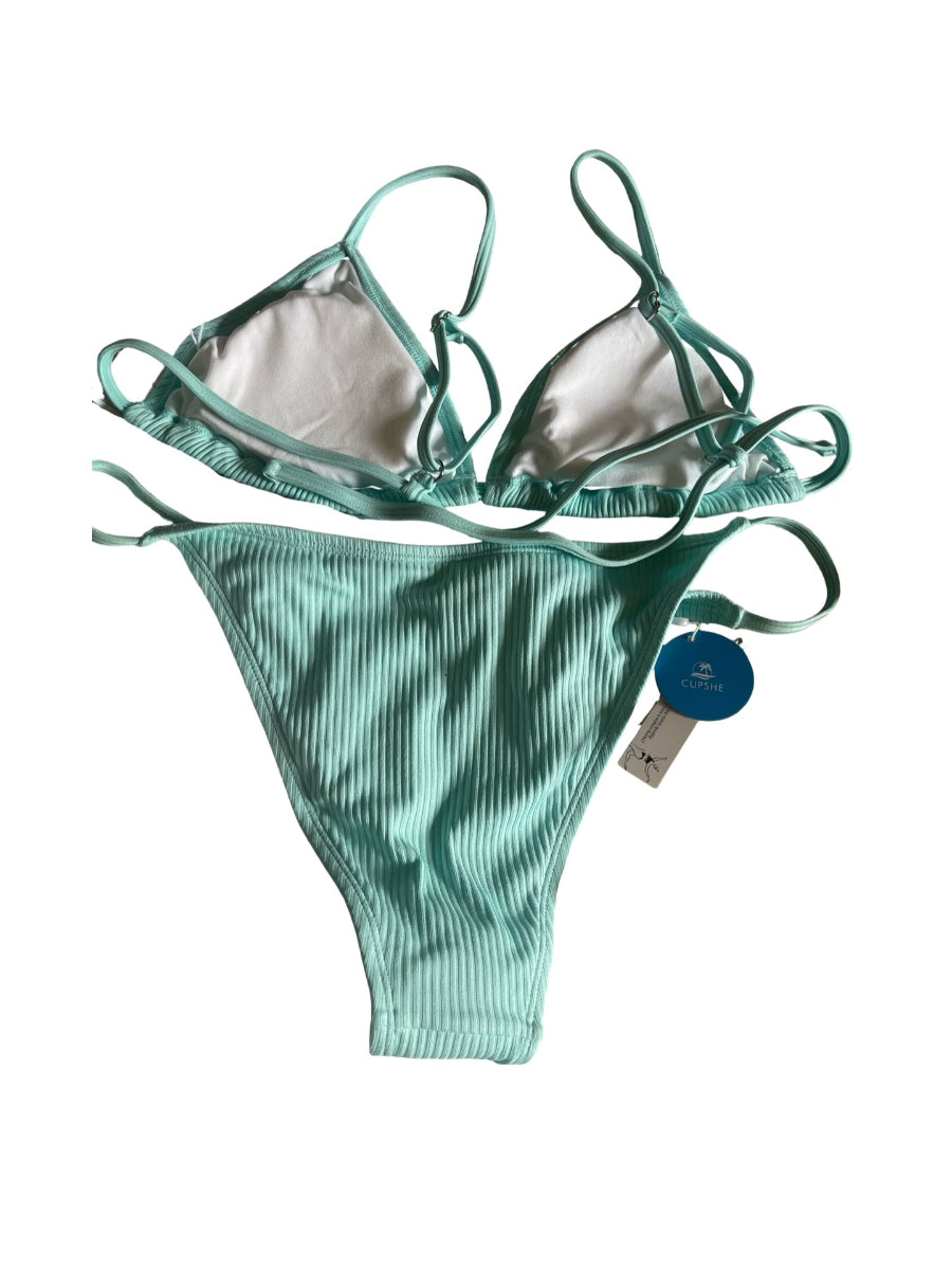 A mint green turquoise ribbed bikini set with a triangle top and matching bottoms, laid flat on a white background with a blue hangtag attached.