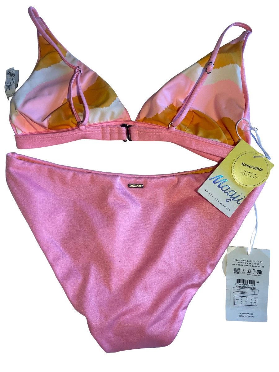 A two-piece bikini set from Magaj, featuring a satin pink high-cut bottom and a triangle top with a pastel abstract pattern of pink, yellow, and white. The set includes Magaj brand tags and a size tag, photographed on a white background.