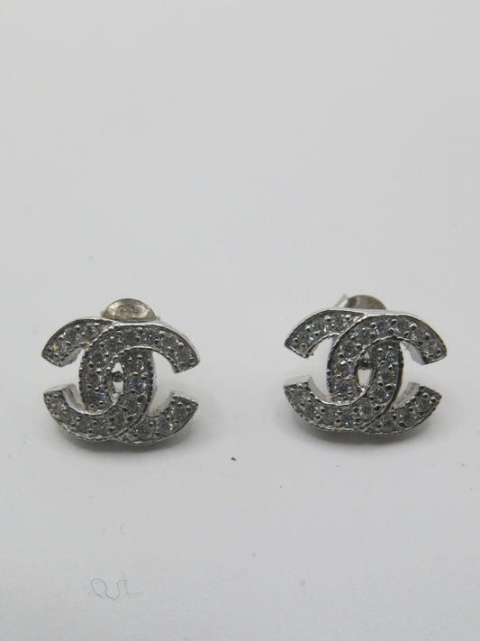 Double C Design Diamond Pave Pierced Earrings