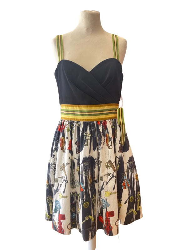 Summer dress with black bodice, printed to the knee skirt and ribbon straps