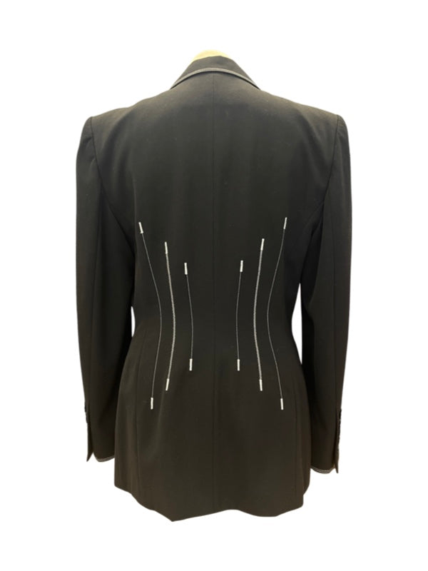 Longline fitted jacket back with white stitch detail