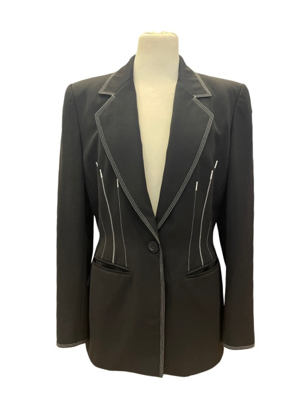 Long line jacket front black with single large button 