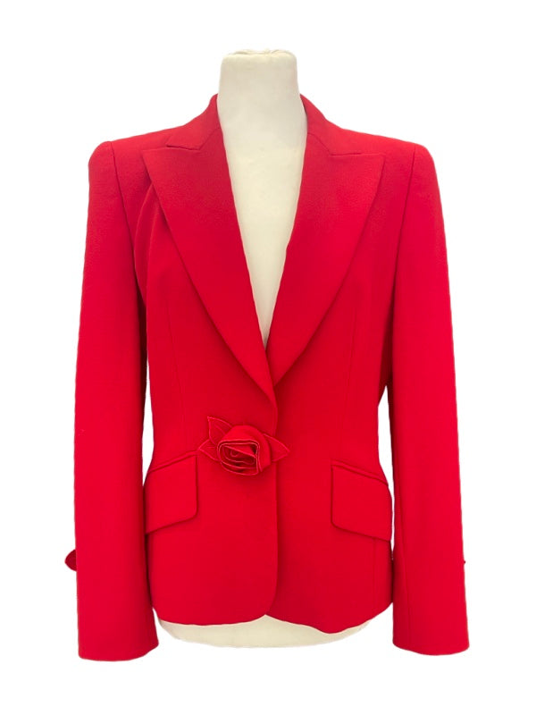 Escada ladies jacket front red with flower rosettes on cuffs