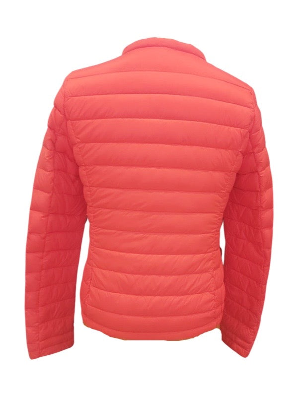 Back of tomato coloured  nylon padded jacket 