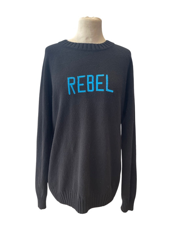 Long sleeve round neck black wool jumper rebel embroidered in blue 