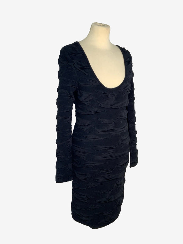 Black body con dress shown with dimensions on a white background