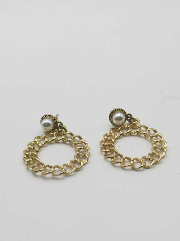 Pearl and Gold Plated Solid Chain Hoop Dangle Earrings
