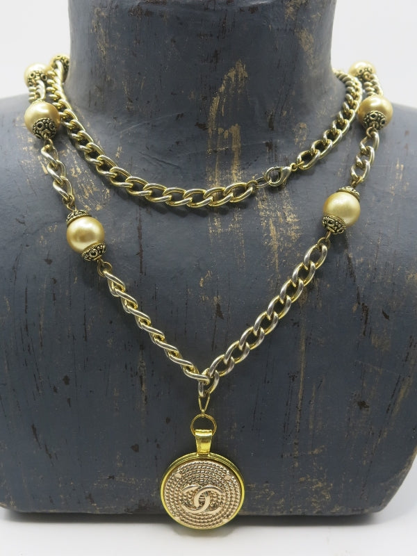 Vintage Golden Pearl Repurposed Chanel Button Necklace