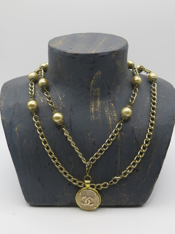 Vintage Golden Pearl Repurposed Chanel Button Necklace