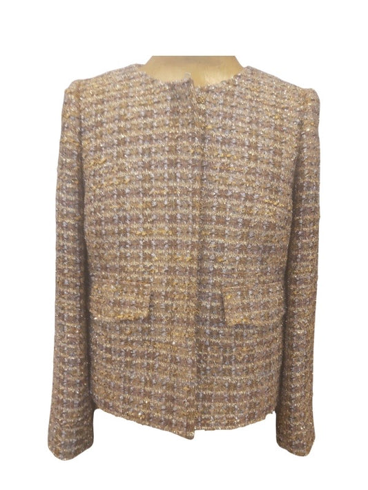 Gold thread tweed jacket round neck invisible zip front