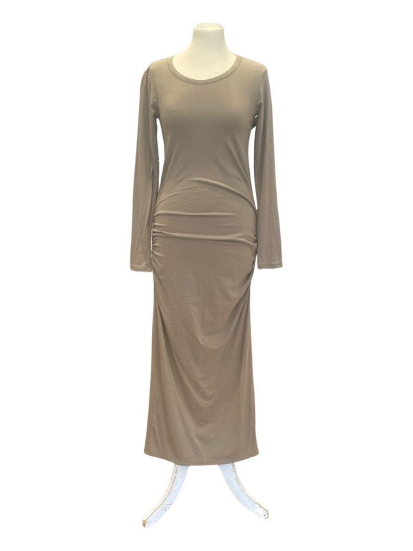 Fawn cotton maxi dress long sleeves ruching at the side