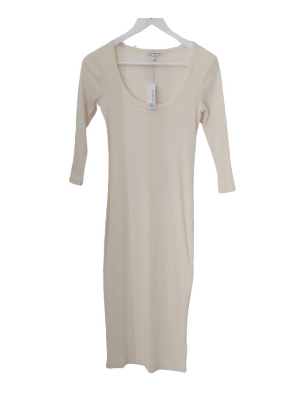 Cream stretchy ribbed cotton dress below the knee round neck 