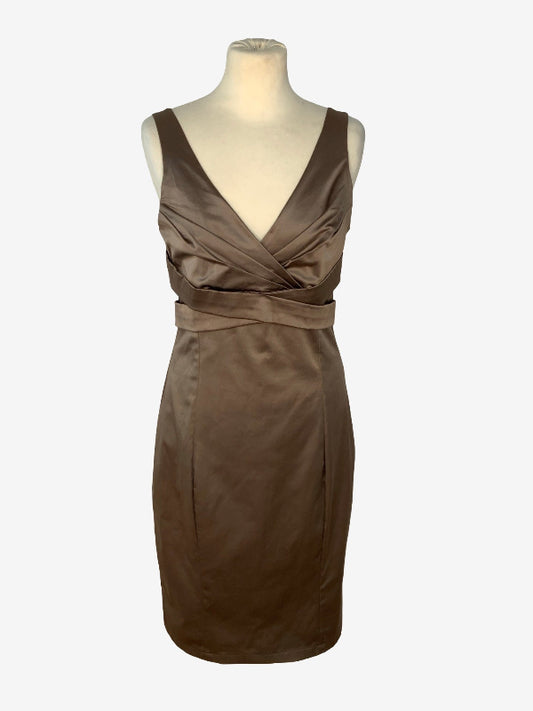 A sleeveless brown satin dress displayed on a mannequin torso against a light gray background.