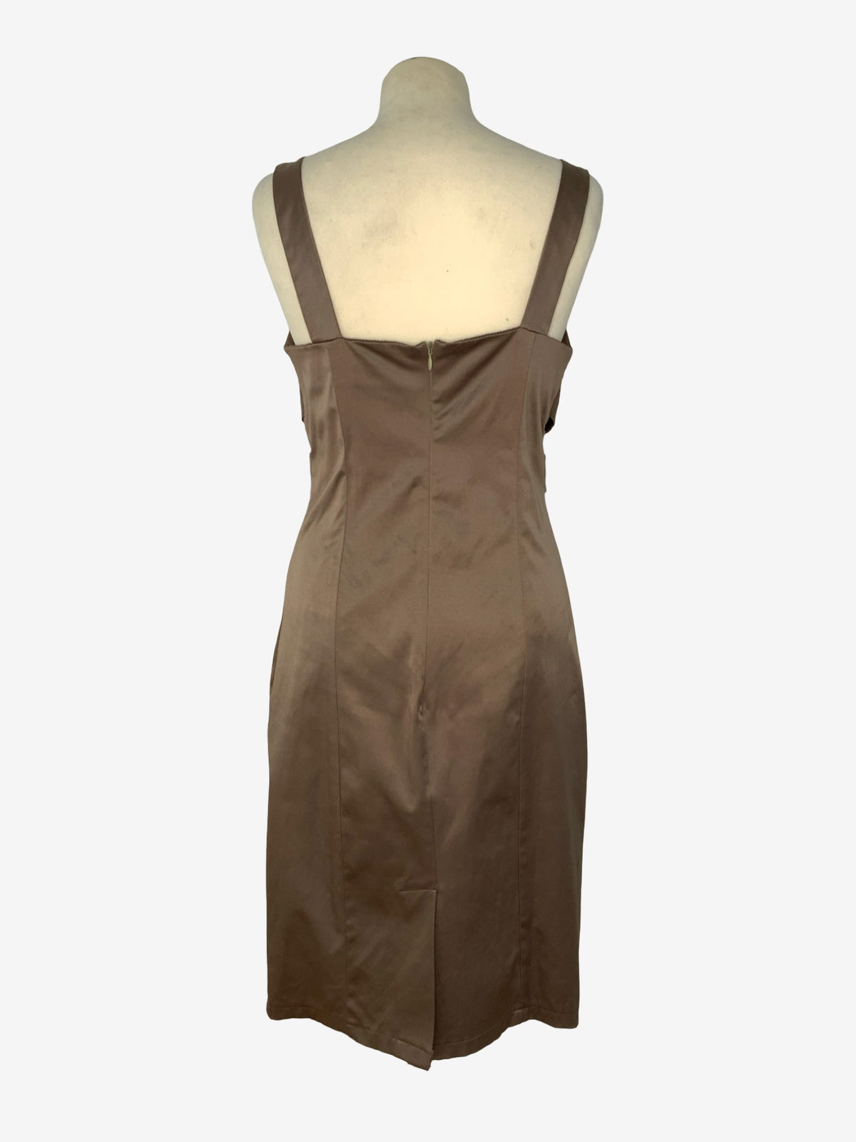 A brown satin-like sleeveless dress displayed on a mannequin torso against a plain light gray background.