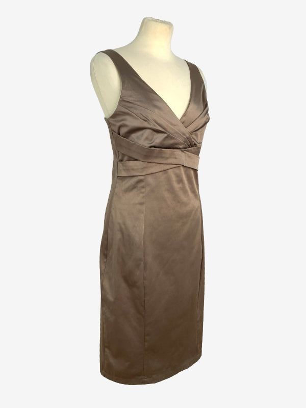 A sleeveless taupe-brown satin dress displayed on a cream mannequin torso against a light gray background.