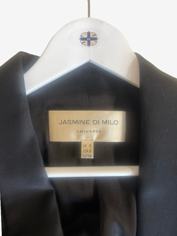 A black jacket or blazer hanging on a white hanger with a visible Jasmine Di Milo Universe brand label inside the collar.