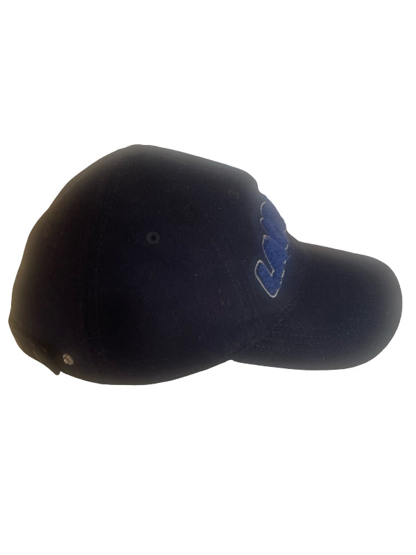 A navy baseball cap with a blue embroidered logo on the side, shown against a plain white background.