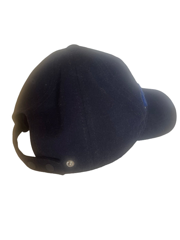A dark navy blue baseball cap shown from a side angle against a plain white background.