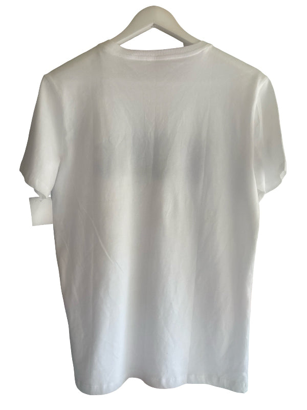 A plain white short-sleeve crewneck t-shirt hanging on a white wooden hanger against a white background.