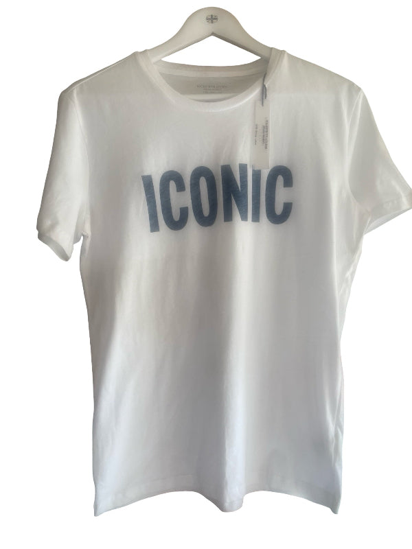A white short-sleeve crewneck t-shirt hanging on a white wooden hanger, featuring the word 'ICONIC' printed in dark blue across the chest.