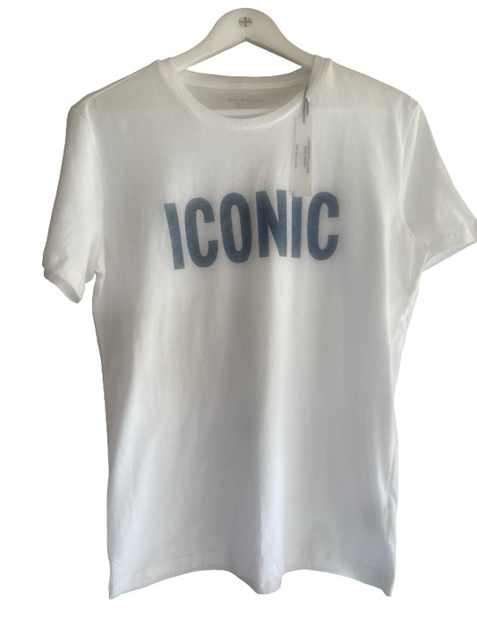 A white short-sleeve crewneck t-shirt hanging on a white wooden hanger, featuring the word 'ICONIC' printed in dark blue across the chest.