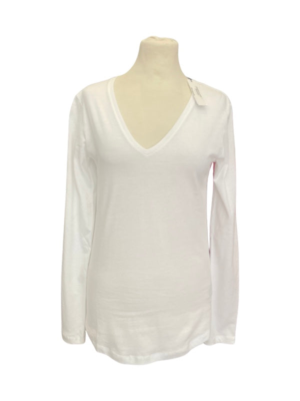 Ladies long sleeve white T shirt with V neck