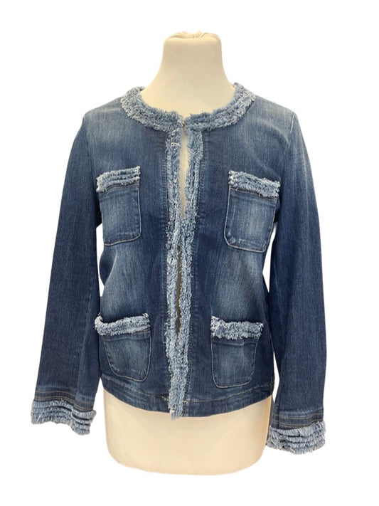 Stretch denim cropped jacket with 4 fringed pockets