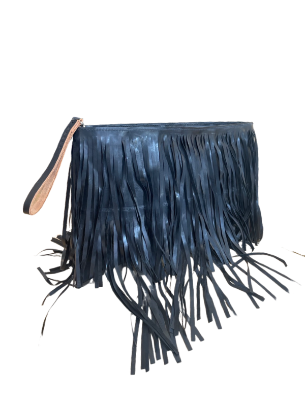 Rubber fringe clutch bag with leather wrist strap
