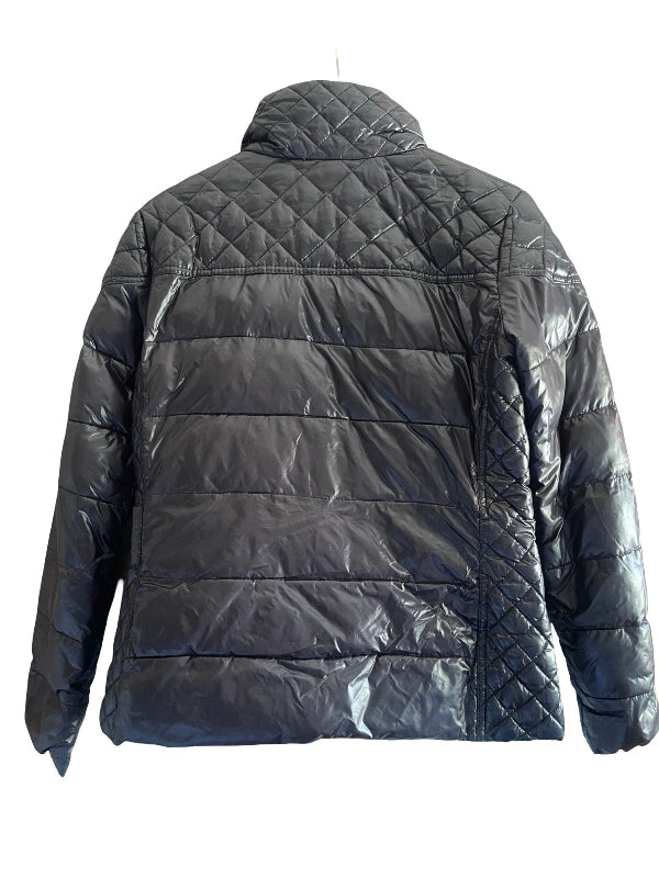 A black quilted puffer jacket with horizontal baffles and diagonal diamond quilting on the back, shown against a plain white background.