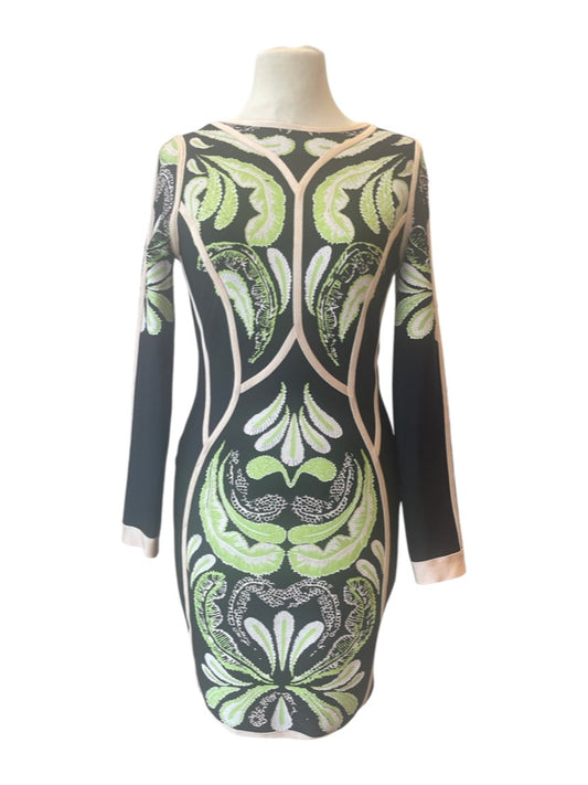 Green and black stretch body con dress above the knee
