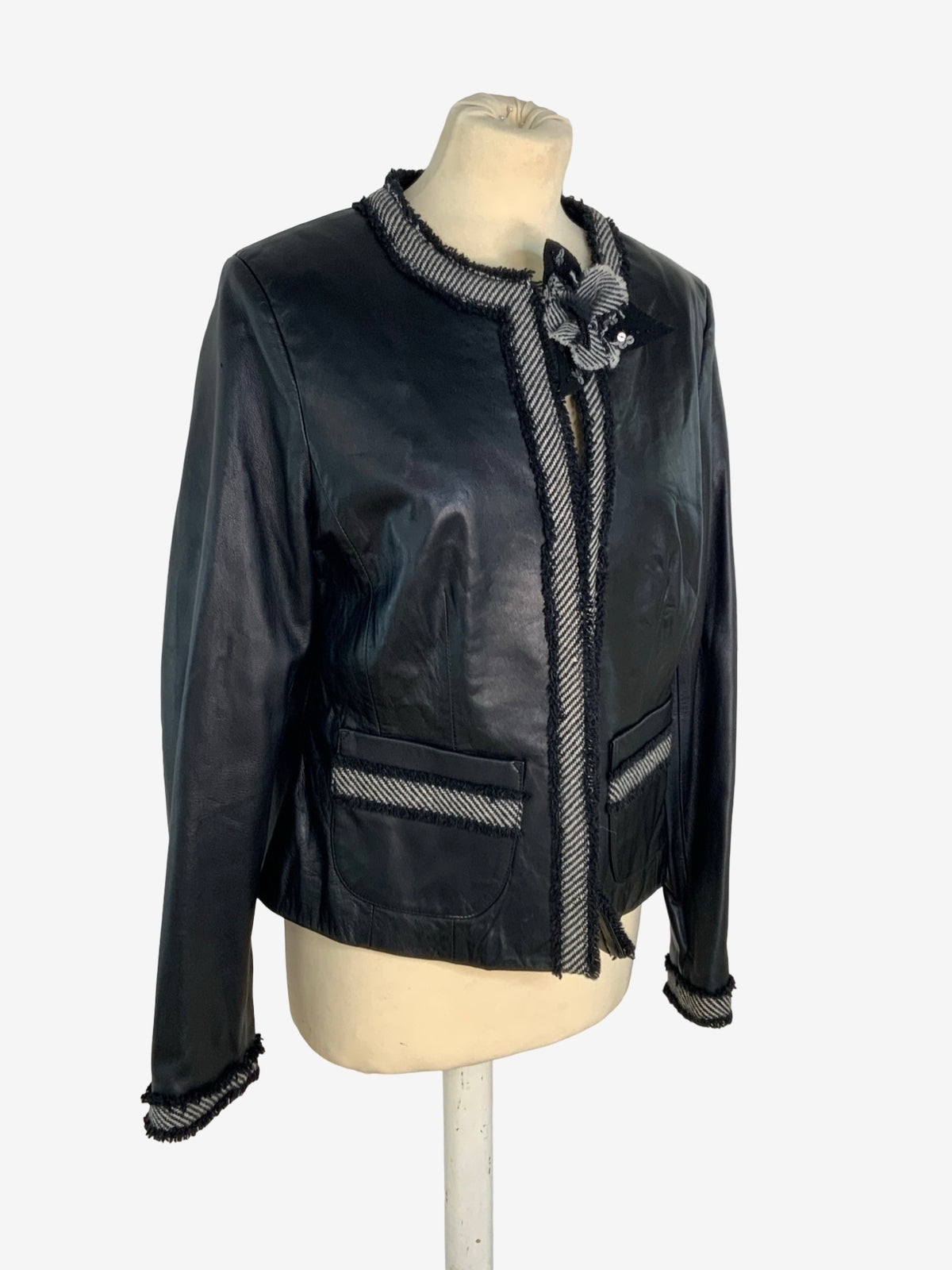 Olsen Black Leather Jacket with Herringbone Trim