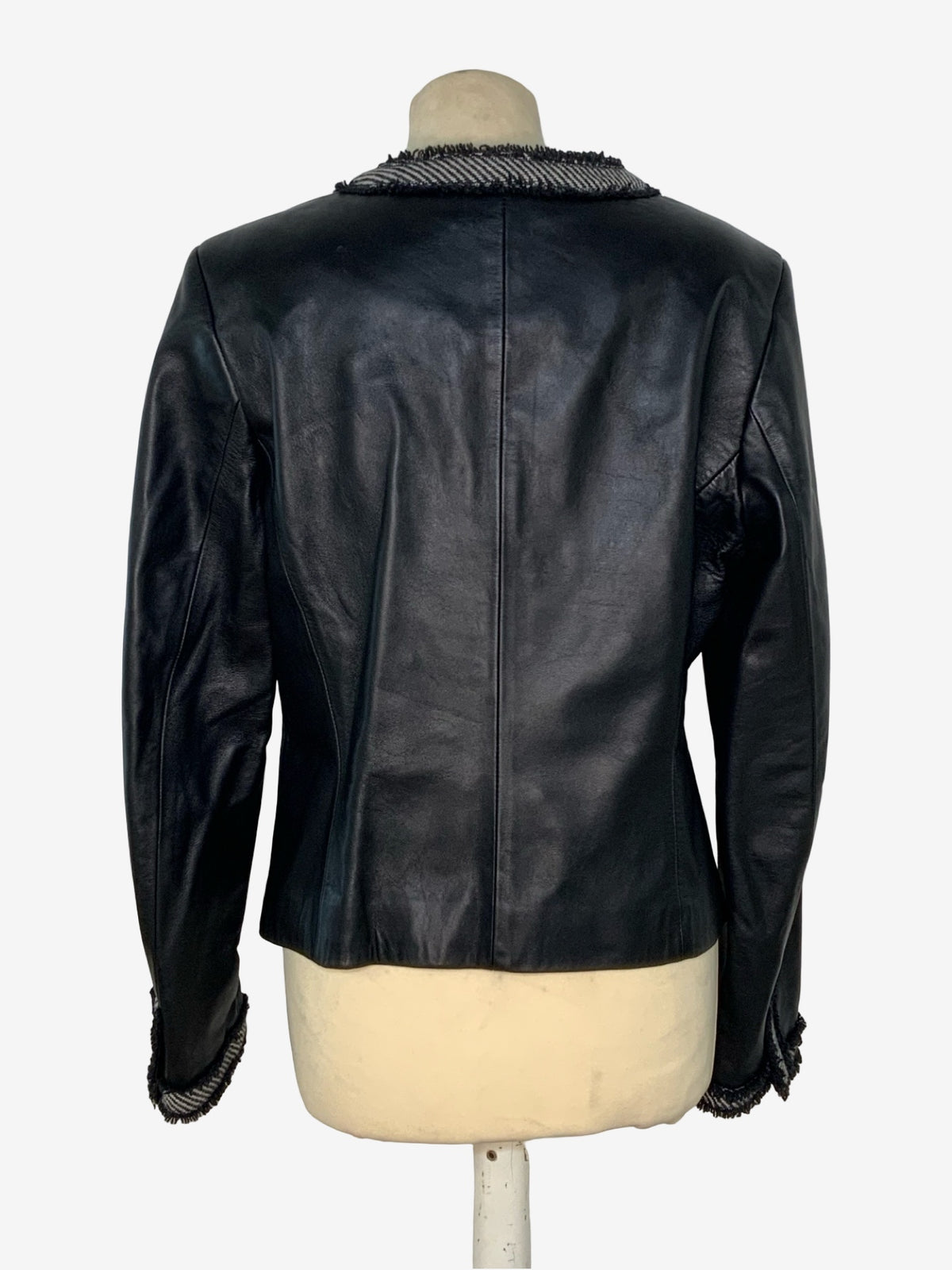Olsen Black Leather Jacket with Herringbone Trim