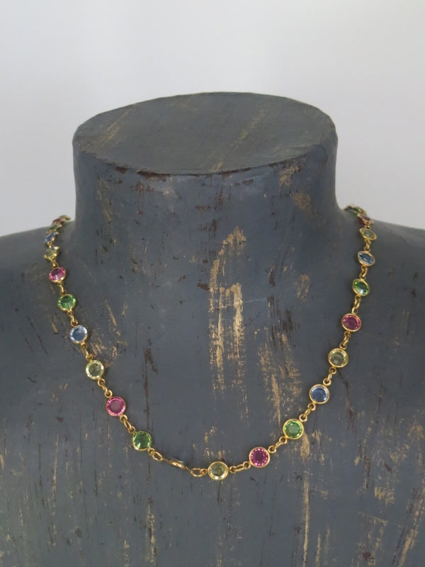 pale pink green blue and yellow bezel necklace vintage