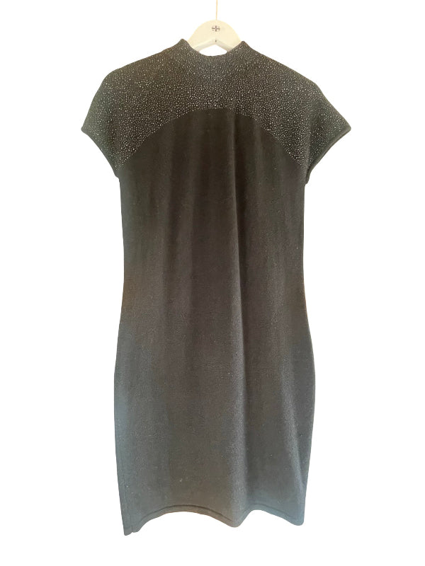 A short-sleeve knit dress in dark gray with a textured, sparkly yoke across the shoulders, hanging on a white wooden hanger against a plain white background.