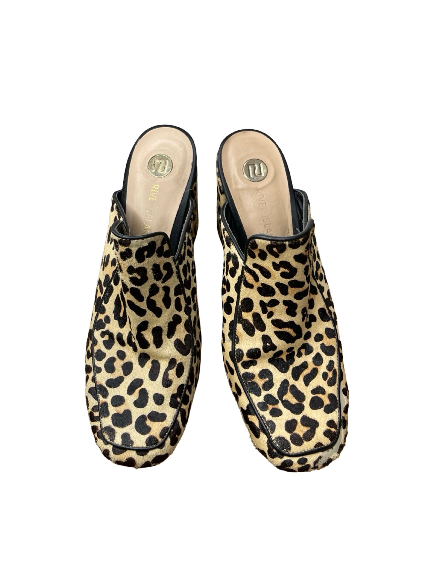 River Island Leopard Leather Block Heels Mules