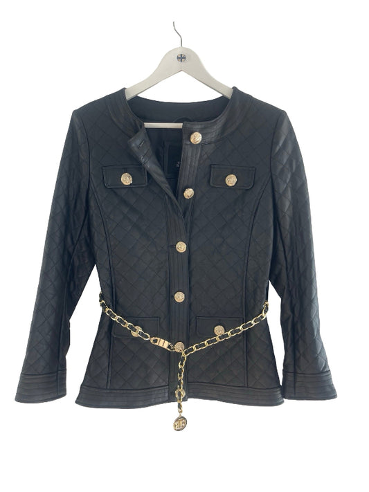 A black quilted faux-leather jacket with gold-tone buttons and a matching gold chain belt, hanging on a white hanger against a white background.