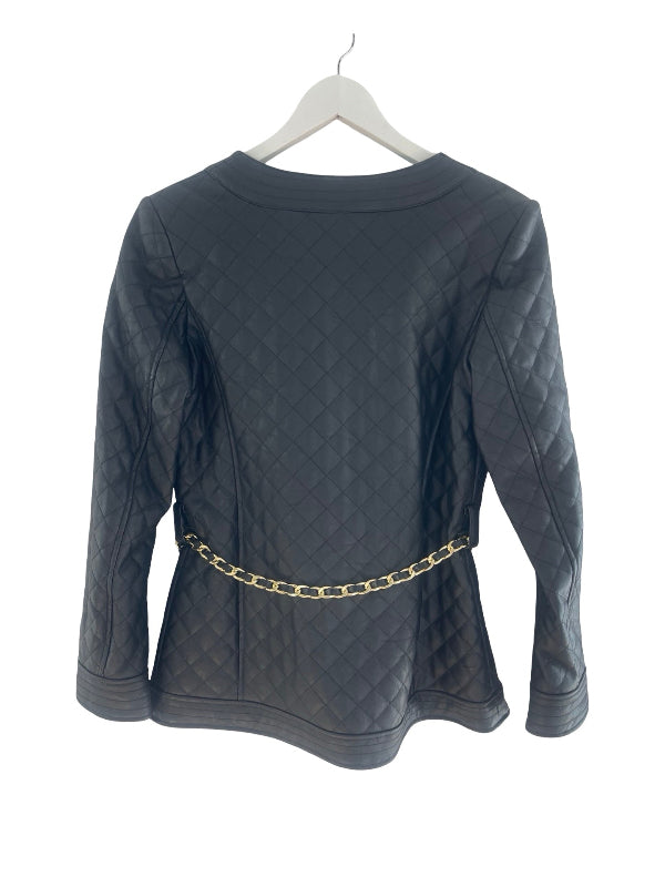 A black quilted long-sleeve jacket with a gold chain belt detail at the waist, shown from the back on a white hanger against a white background.
