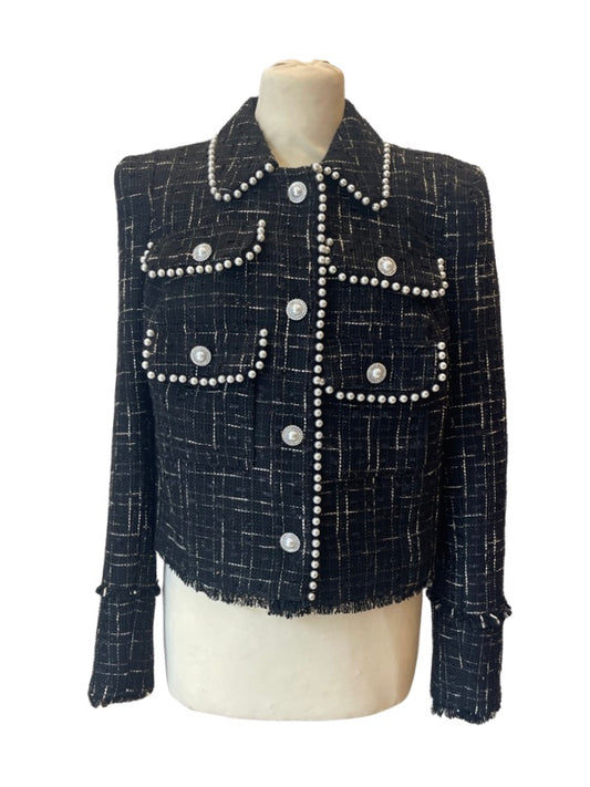 Chanel style tweed box jacket with pearl buttons