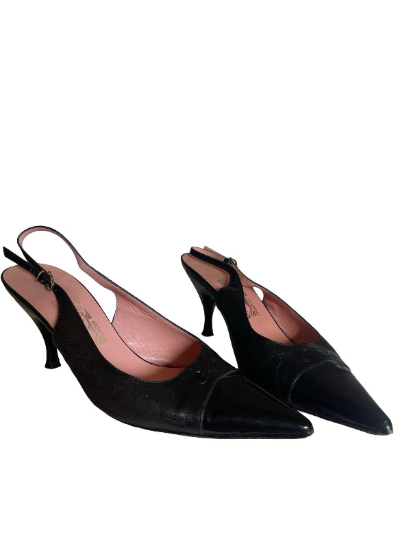 A pair of black pointed-toe slingback pumps with kitten heels, shown on a plain white background.