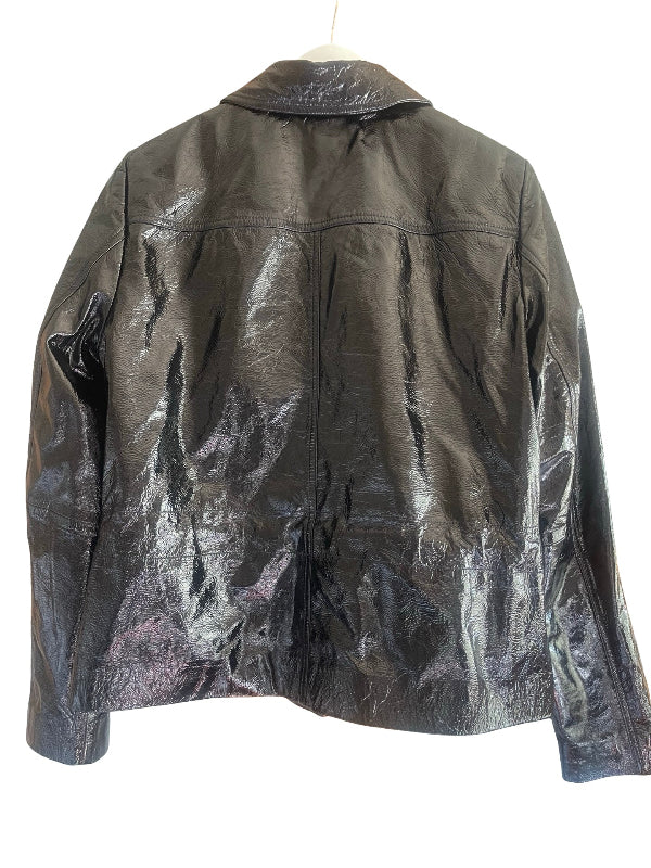 A black leather jacket with a glossy, crinkled texture, shown from the back on a white hanger against a white background.