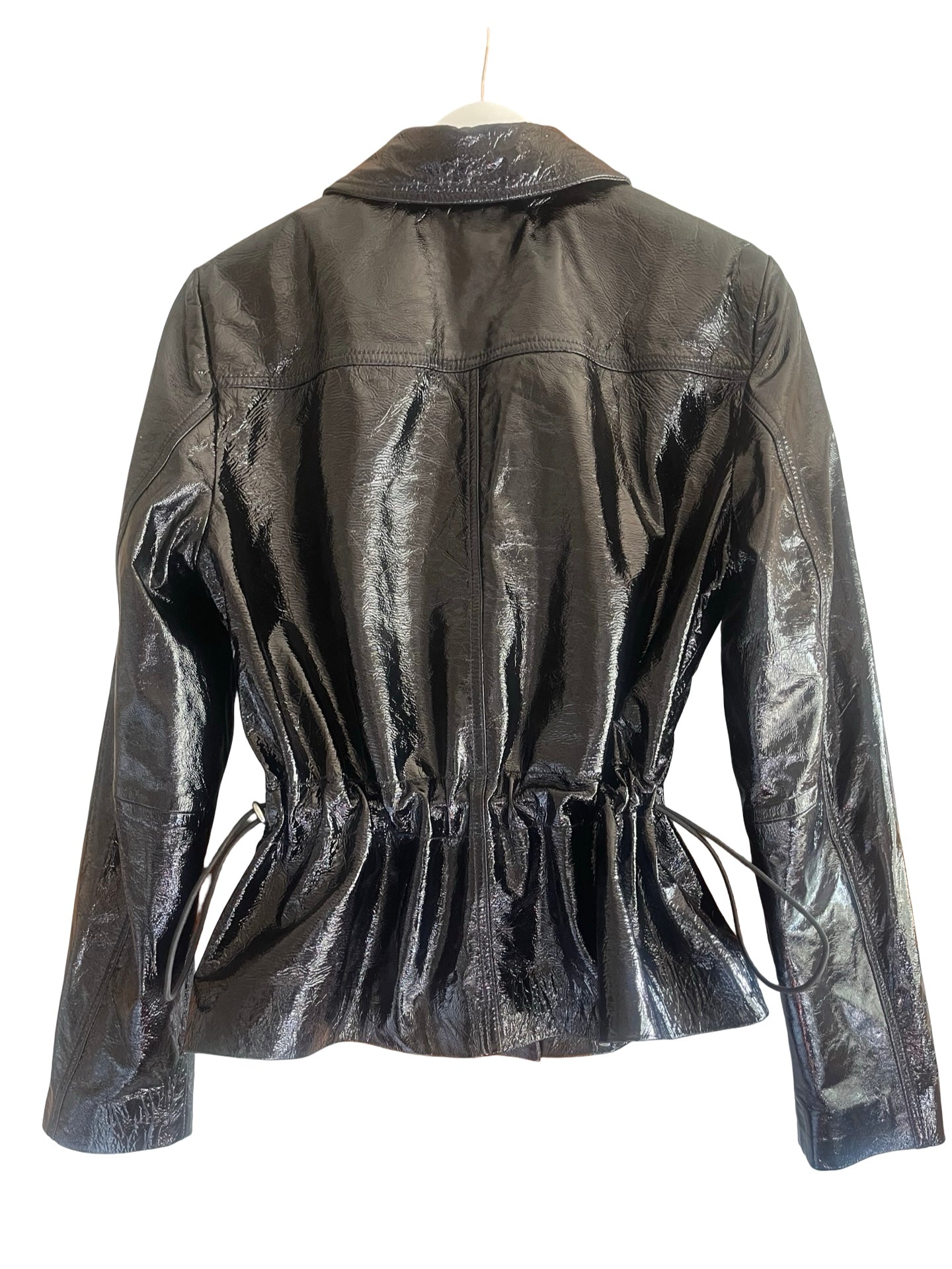 A black leather jacket with a gathered waist and drawstring tie, shown from the back on a white background.