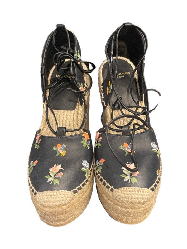 Yves Saint Laurent high wedge espadrilles black leather with small floral pattern and leather thongs that go up the legs